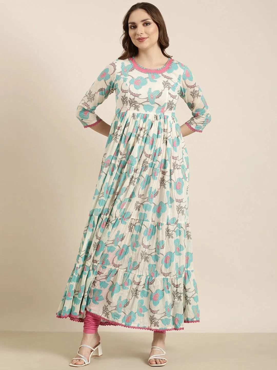 Turquoise Blue Floral Anarkali Kurta | Women's Anarkali Suit