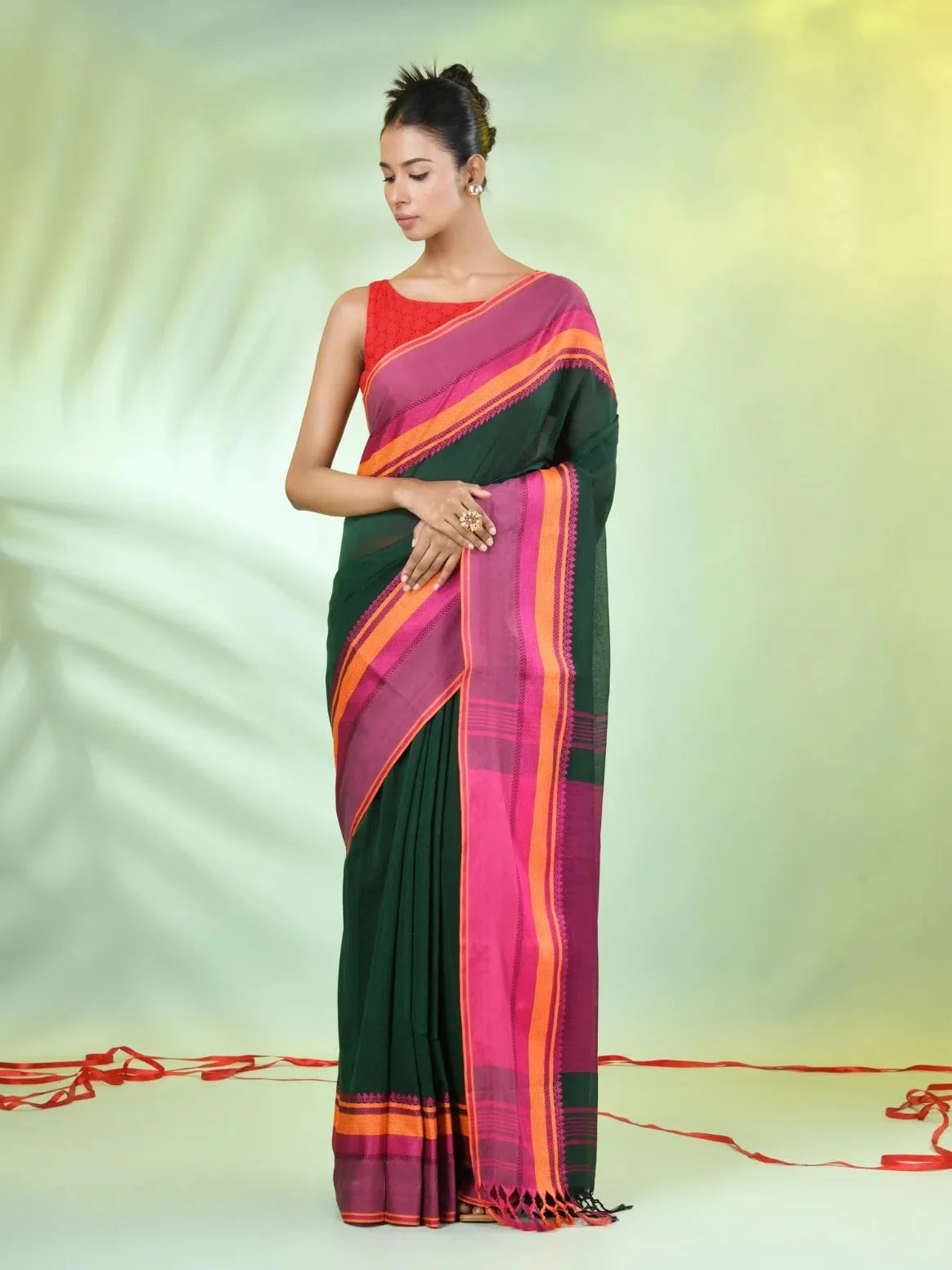 Green Cotton Indian Saree with Temple Border