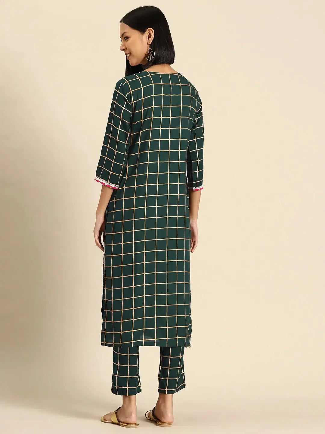 Green Checks Print Kurta Pyajama with Gota Work | Women's Tops