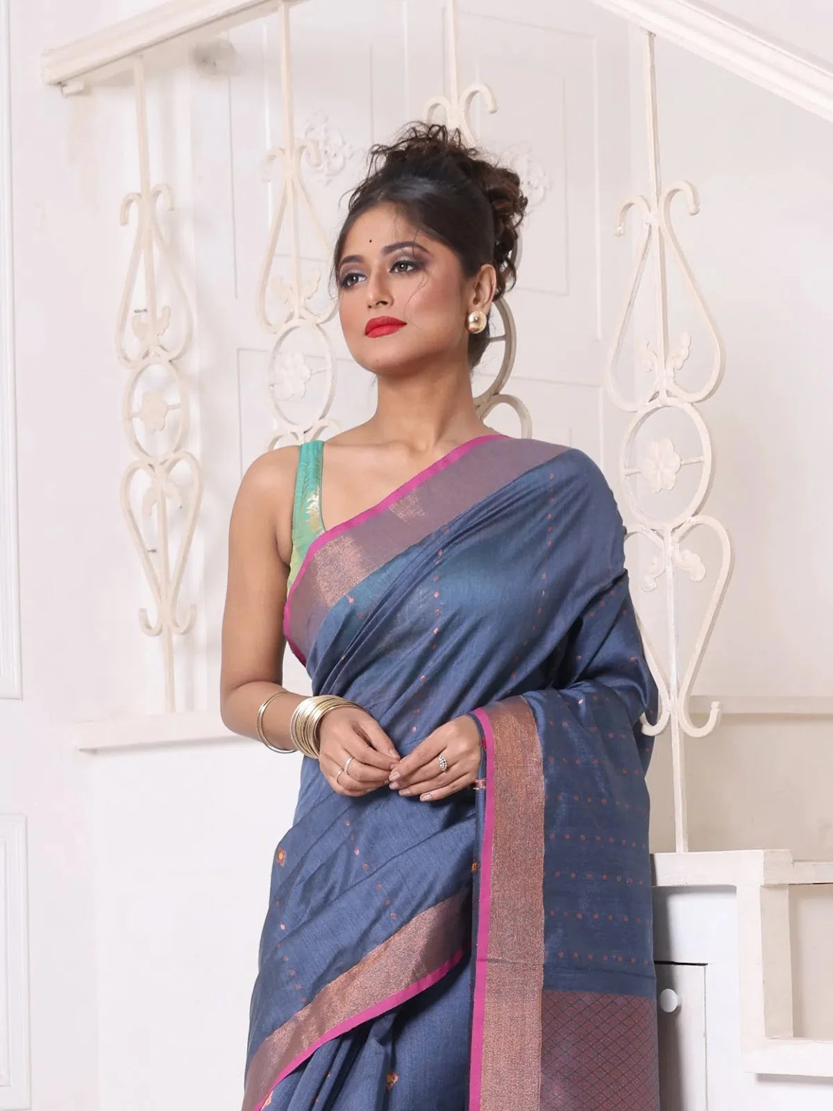 Grey Cotton Saree with Zari - Designer Sarees India