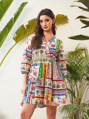 Women Multi Patch Printed Shawl Collar Tiered Dress