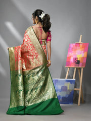 Watermelon Pink Silk Banarasi Saree With Zari Woven Floral And Paisley Designs-MA52BSL441050015