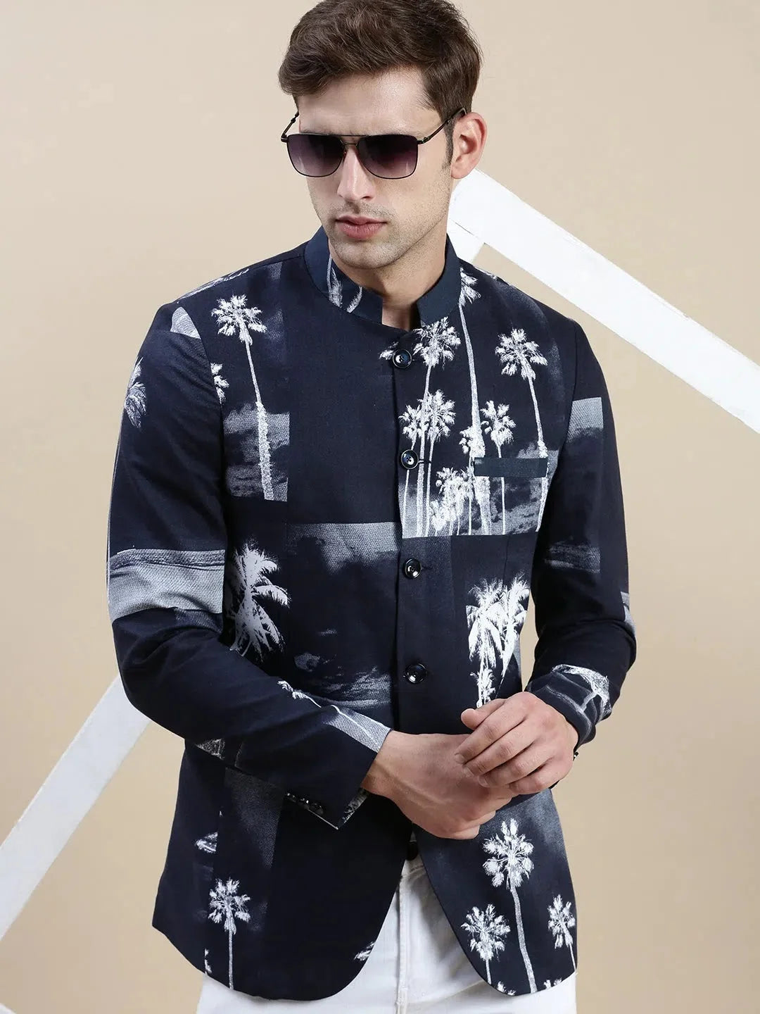 Men's Navy Printed Casual Blazer | Nehru Jacket Wedding