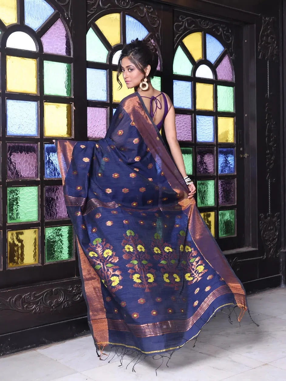 Navy Blue Cotton Saree | Indian Sari with Zari Border
