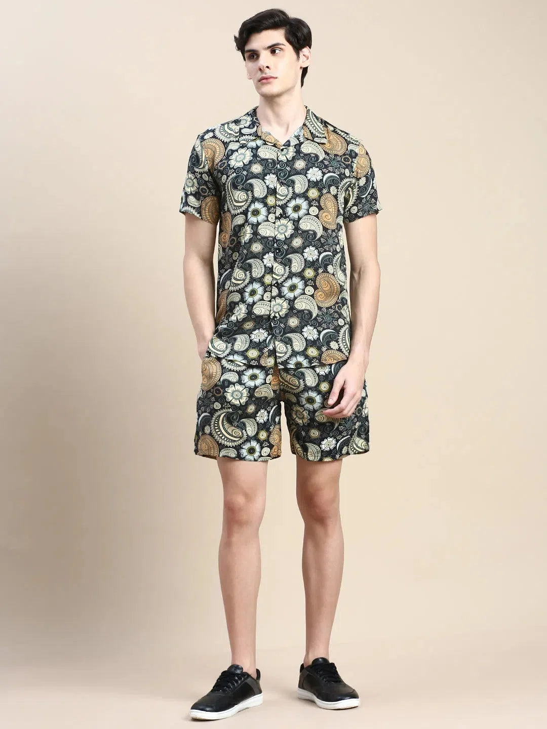 Men's Printed Co ord Set | Black Cotton Casual Two Piece Set