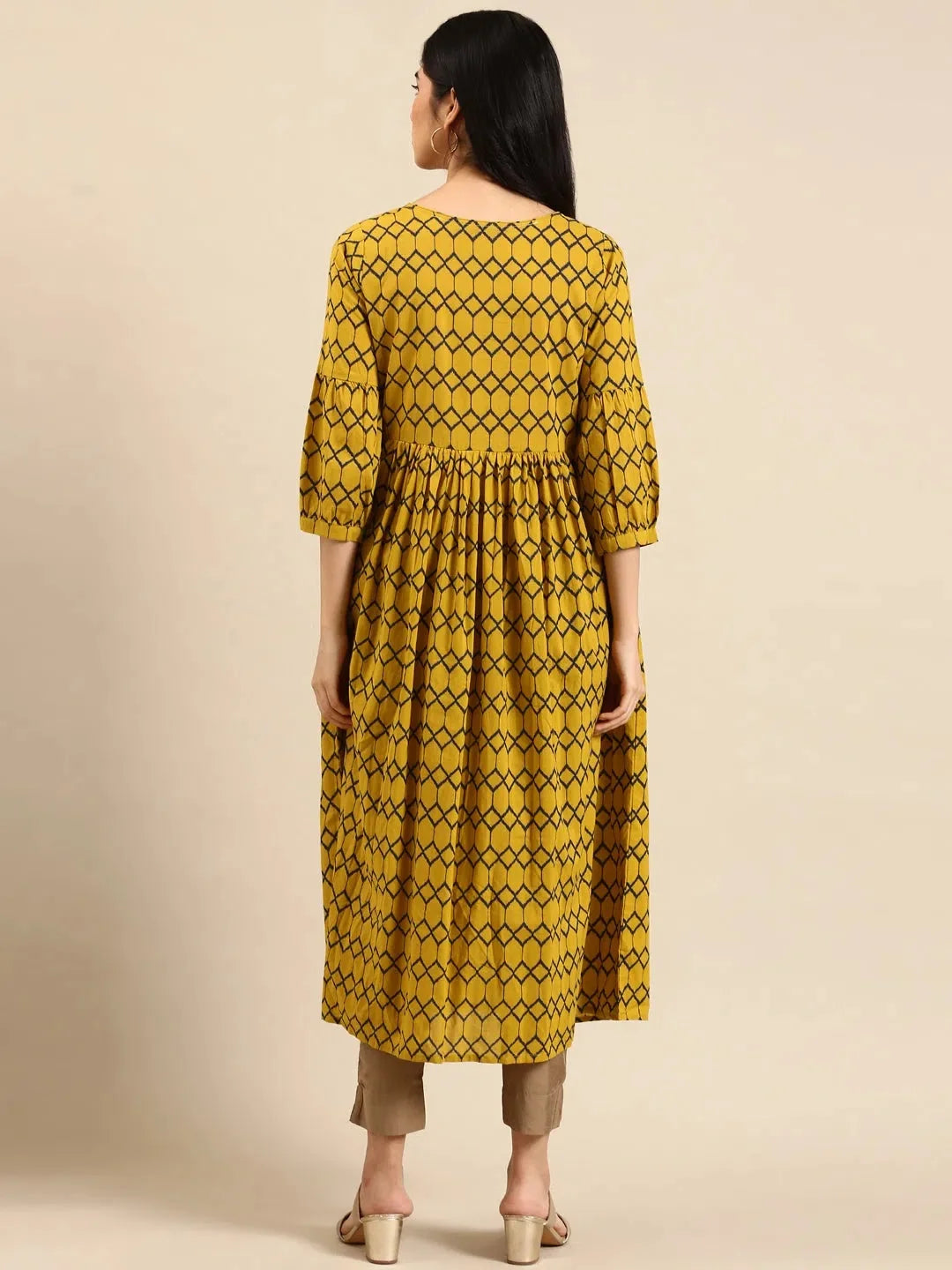 Mustard Printed Cotton A-Line Kurta | Indian Kurta for Women