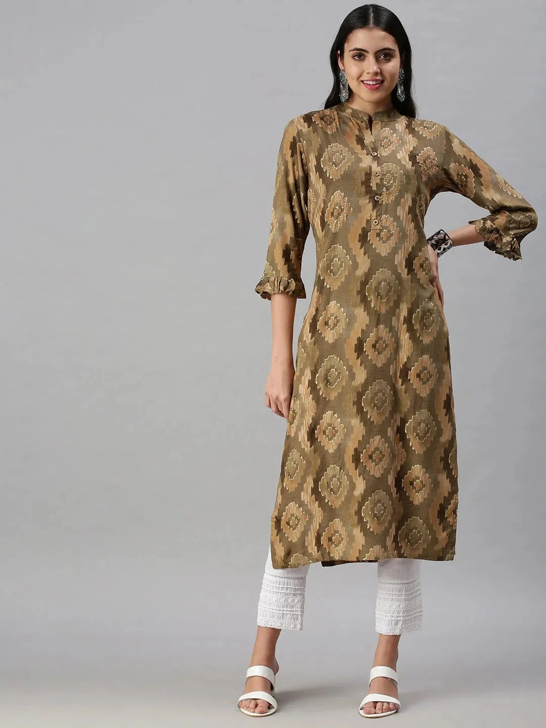 Olive Printed Cotton Kurta | Indian Kurtis for Women Online