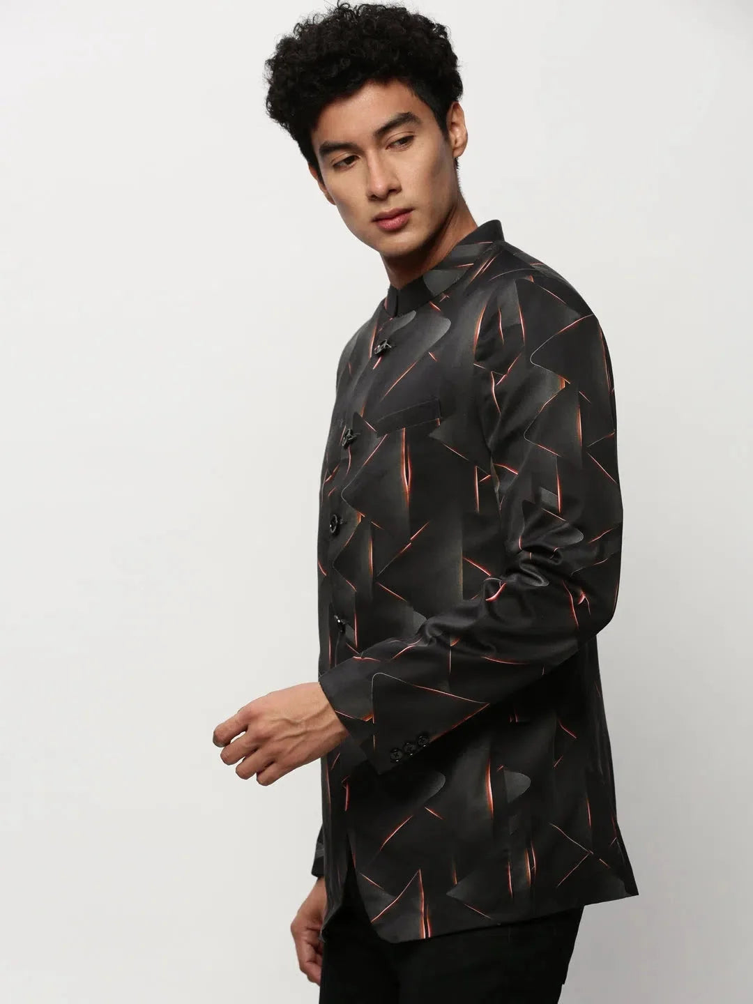 Black Printed Men's Ethnic Wear Cotton Casual Blazer | DesiQlo