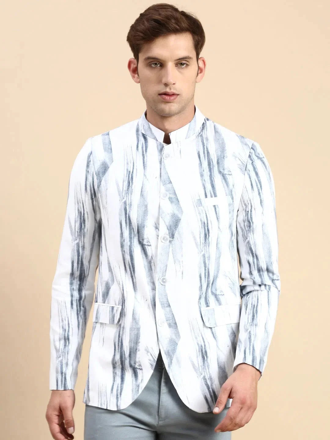 White Printed Party Blazer for Men | Ethnic Nehru Jacket Style