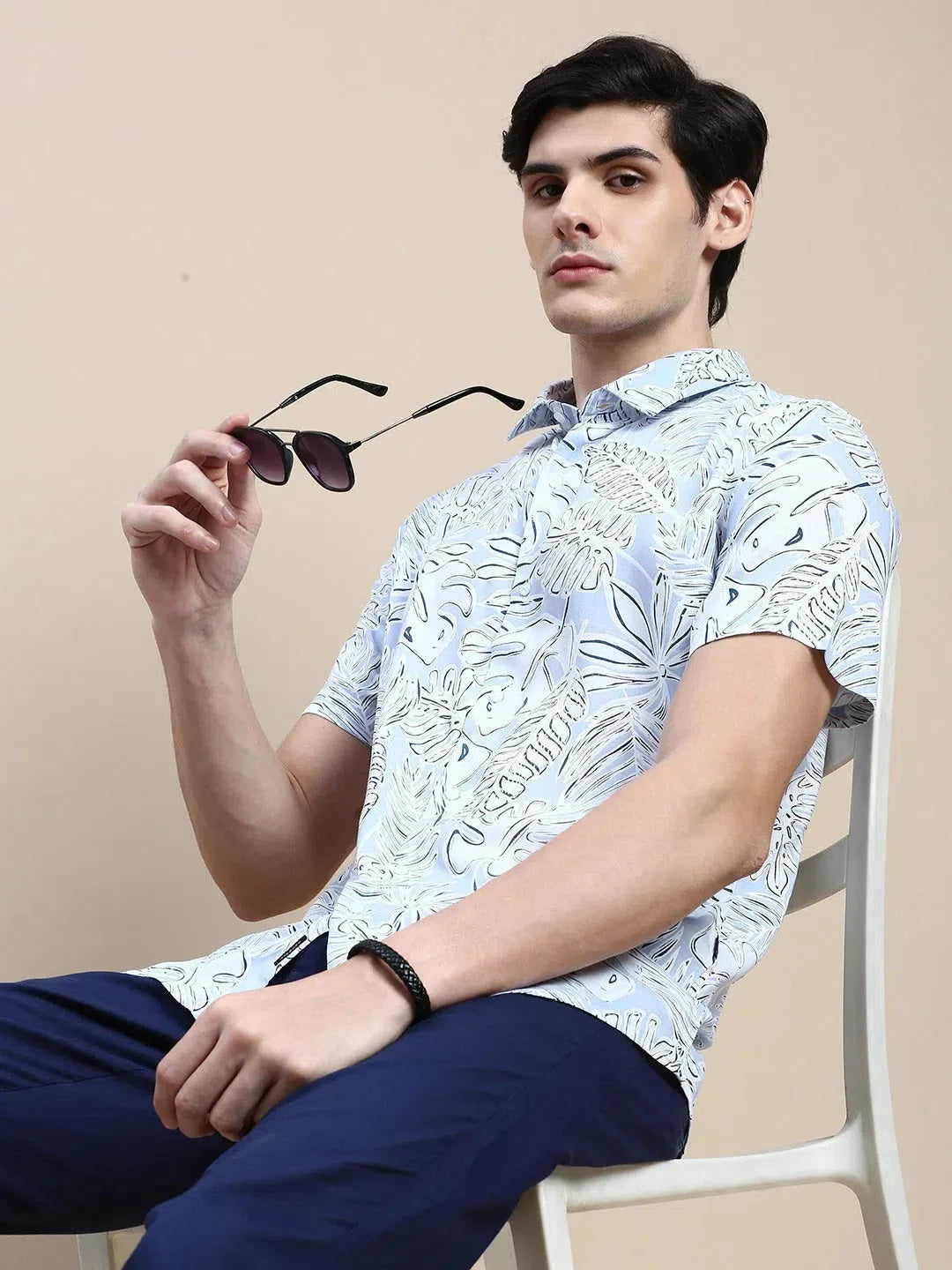 Men's Blue Floral Cotton Shirt | Casual Printed Shirt