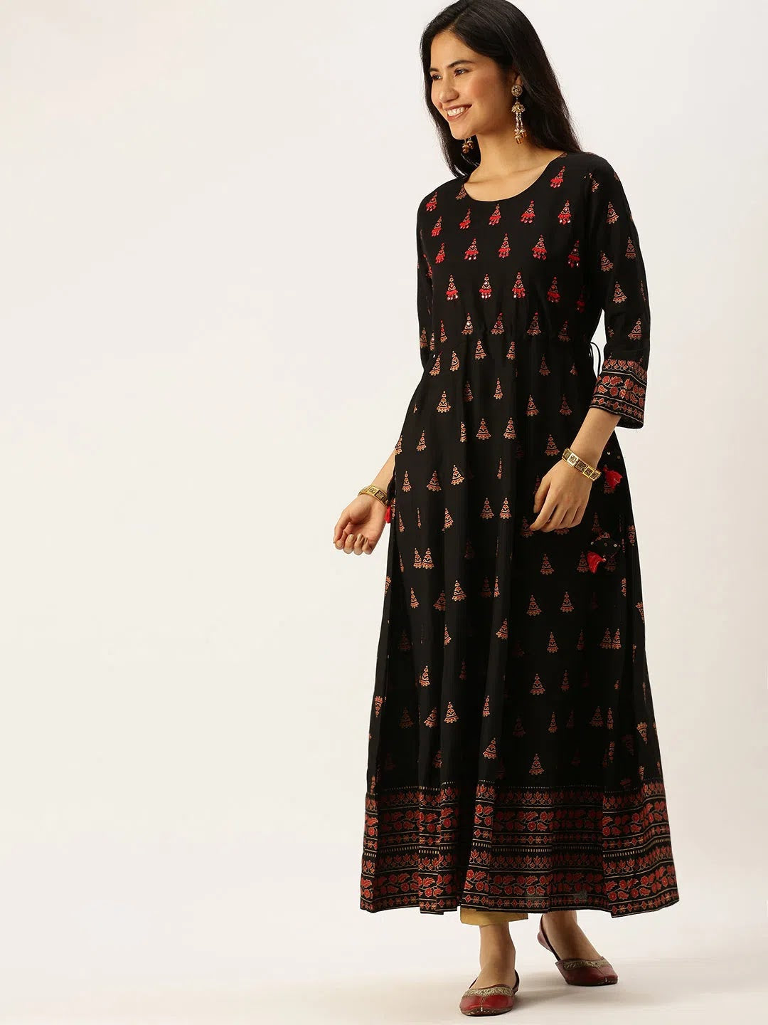 Elegant Black Embroidered Cotton A-Line Indian Kurta - DesiQlo
