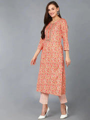 Women Peach Rayon Blend Printed Straight Kurta Pant Set-VKSKD1043A