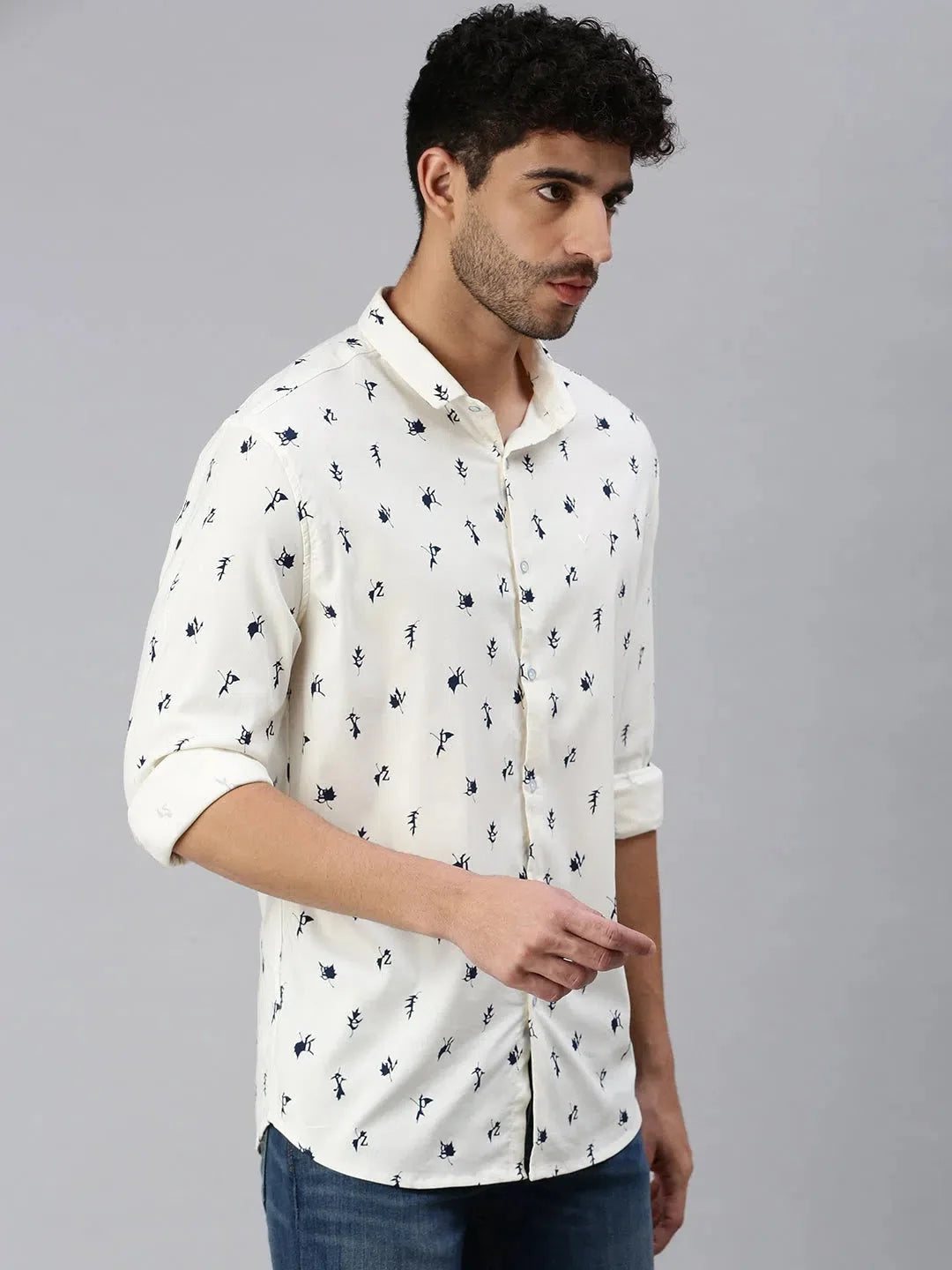Cream Printed Mens Shirt | Cotton Casual Shirt by DesiQlo