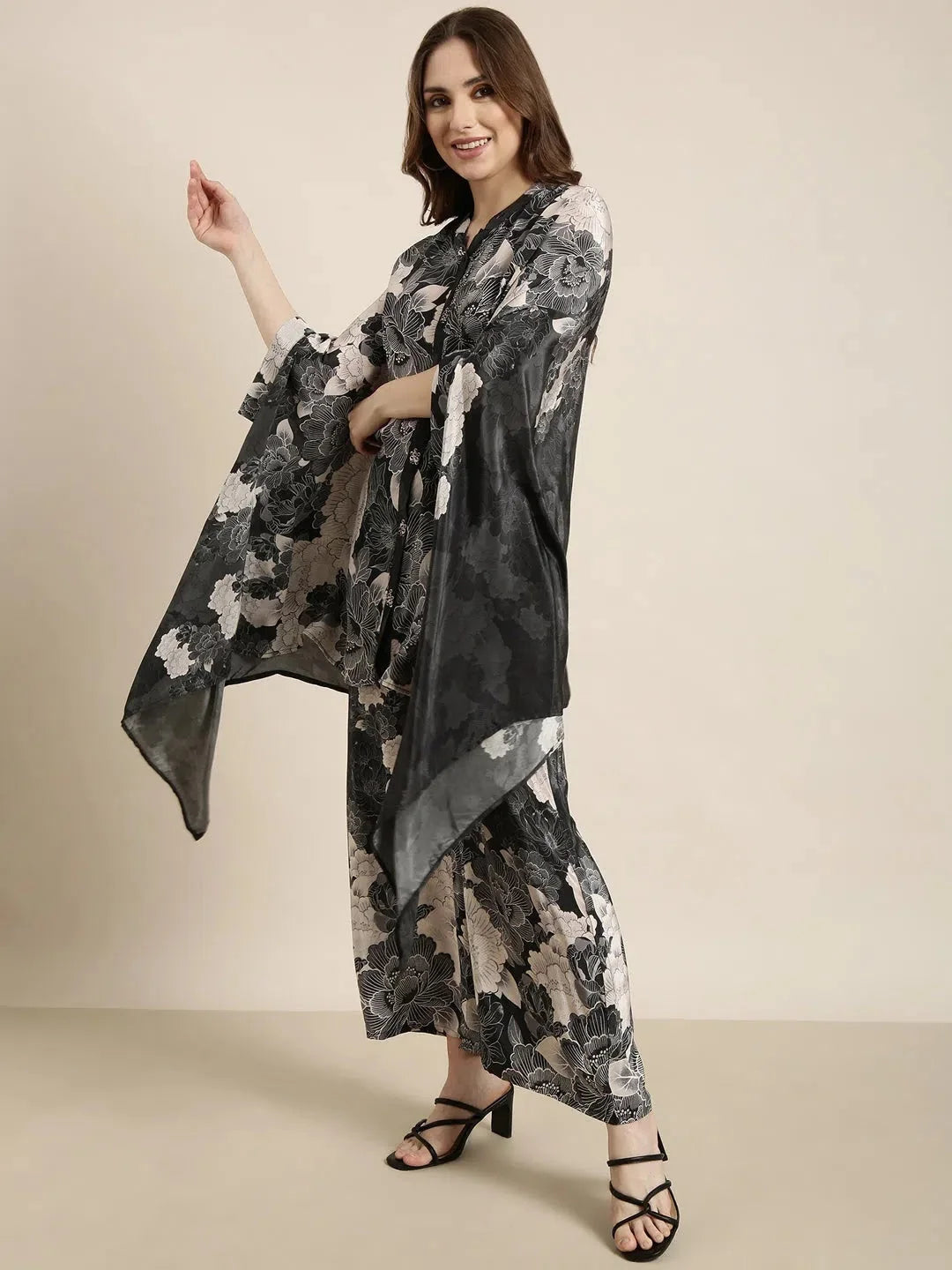 Charcoal Printed Top & Trousers Set | Women's Kurta Sets