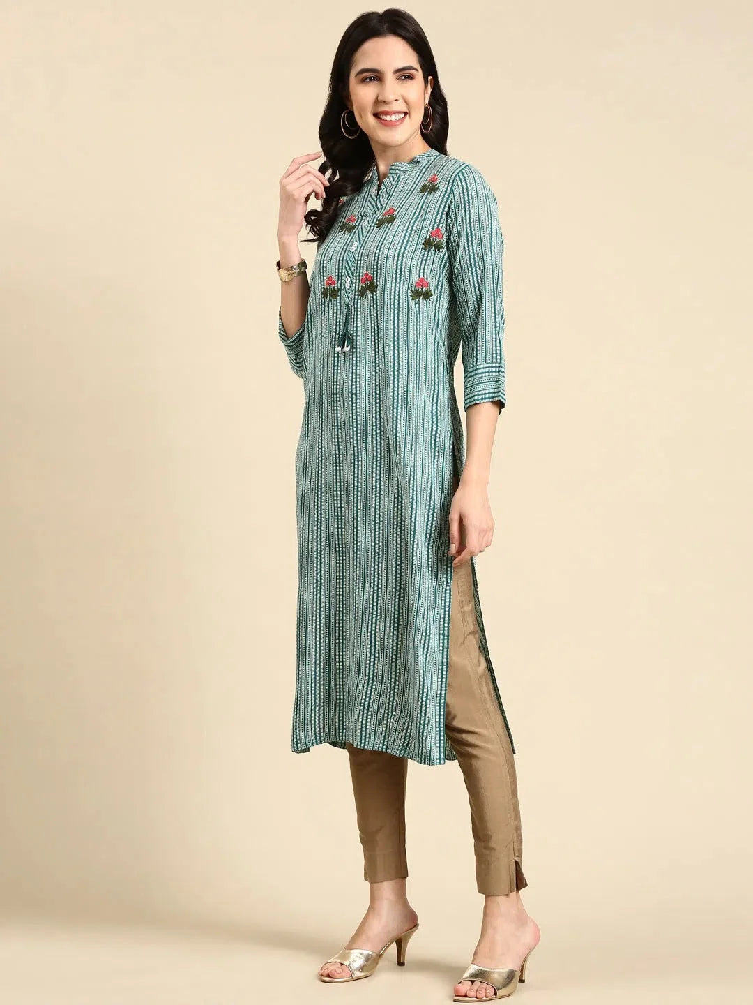 Teal Printed Cotton Kurta - Shop Indian Kurtis Online Now!