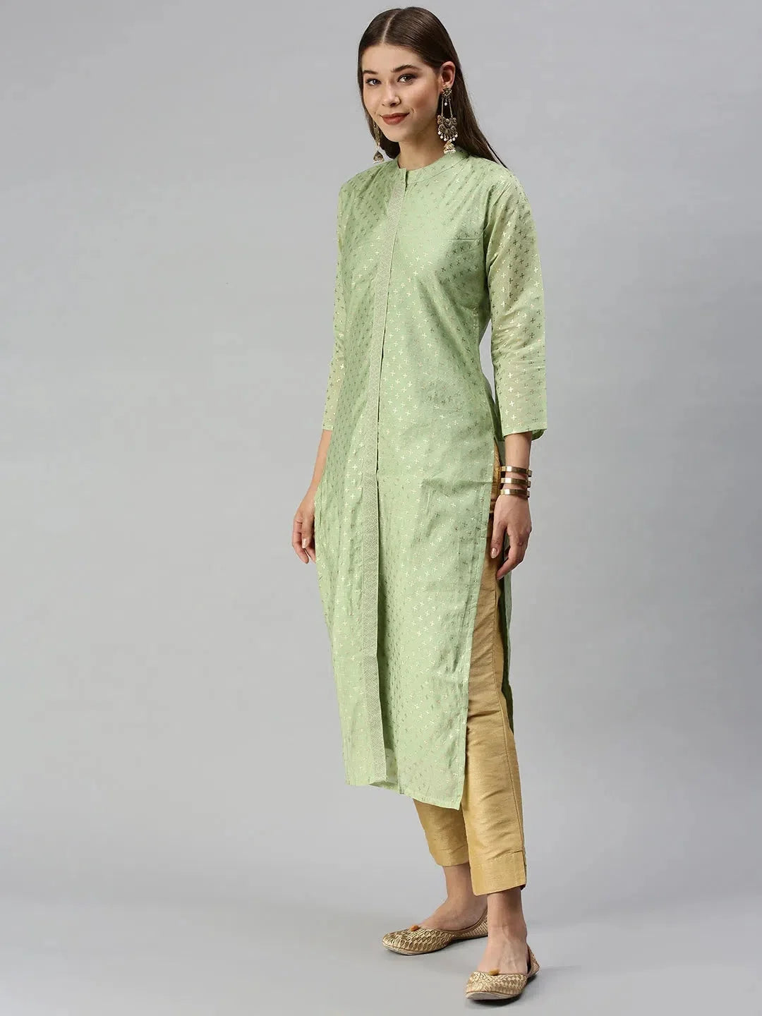 Green Printed Women's Indian Kurta | Embellished Cotton Kurta