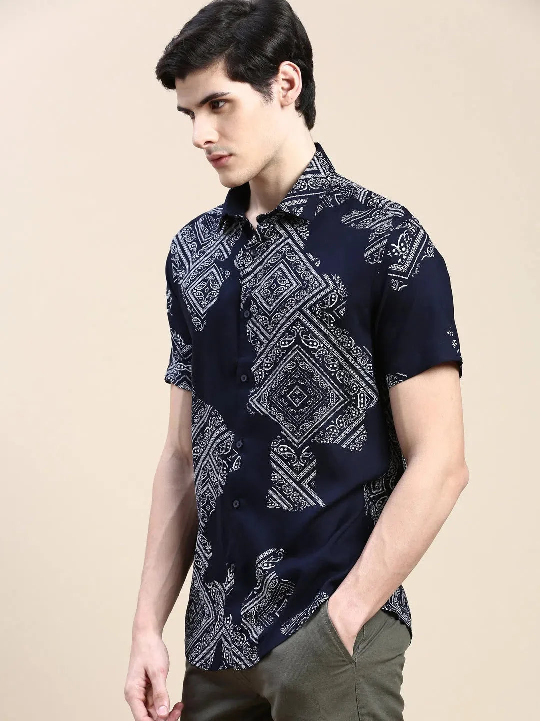 Men's Navy Printed Cotton Shirt - Stylish Casual Mens Shirt