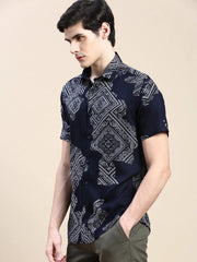 Men Navy Printed Casual Shirt-GEORGE-1619-Navyblue