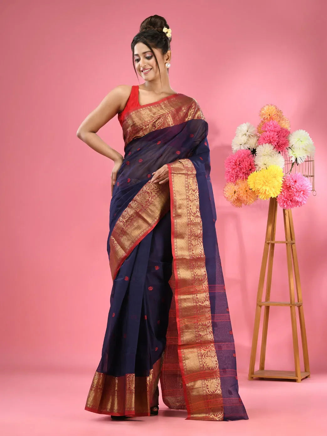 Navy Blue Pure Cotton Tant Saree With Zari Border-MA51TT43540049