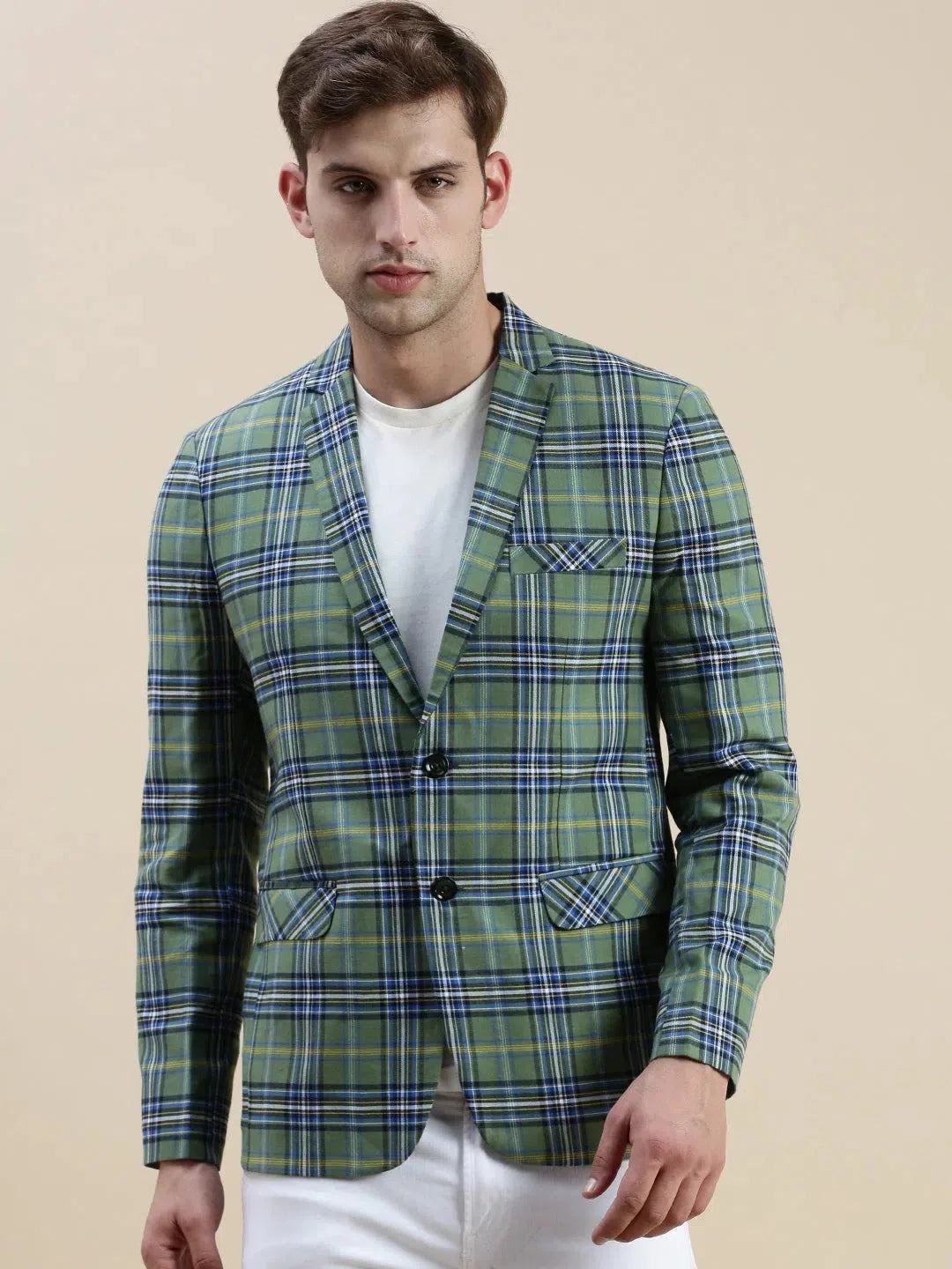 Green Checked Cotton Blazer | Trendy Men's Ethnic Wear