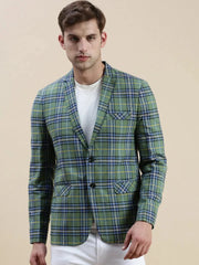 Men Green Checked Notched Lapel Blazer-SOBLZ-022-1-Green