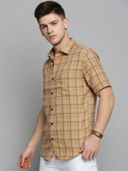 Men Beige Checked Casual Shirt-MAYACHECKS-4421-Khaki