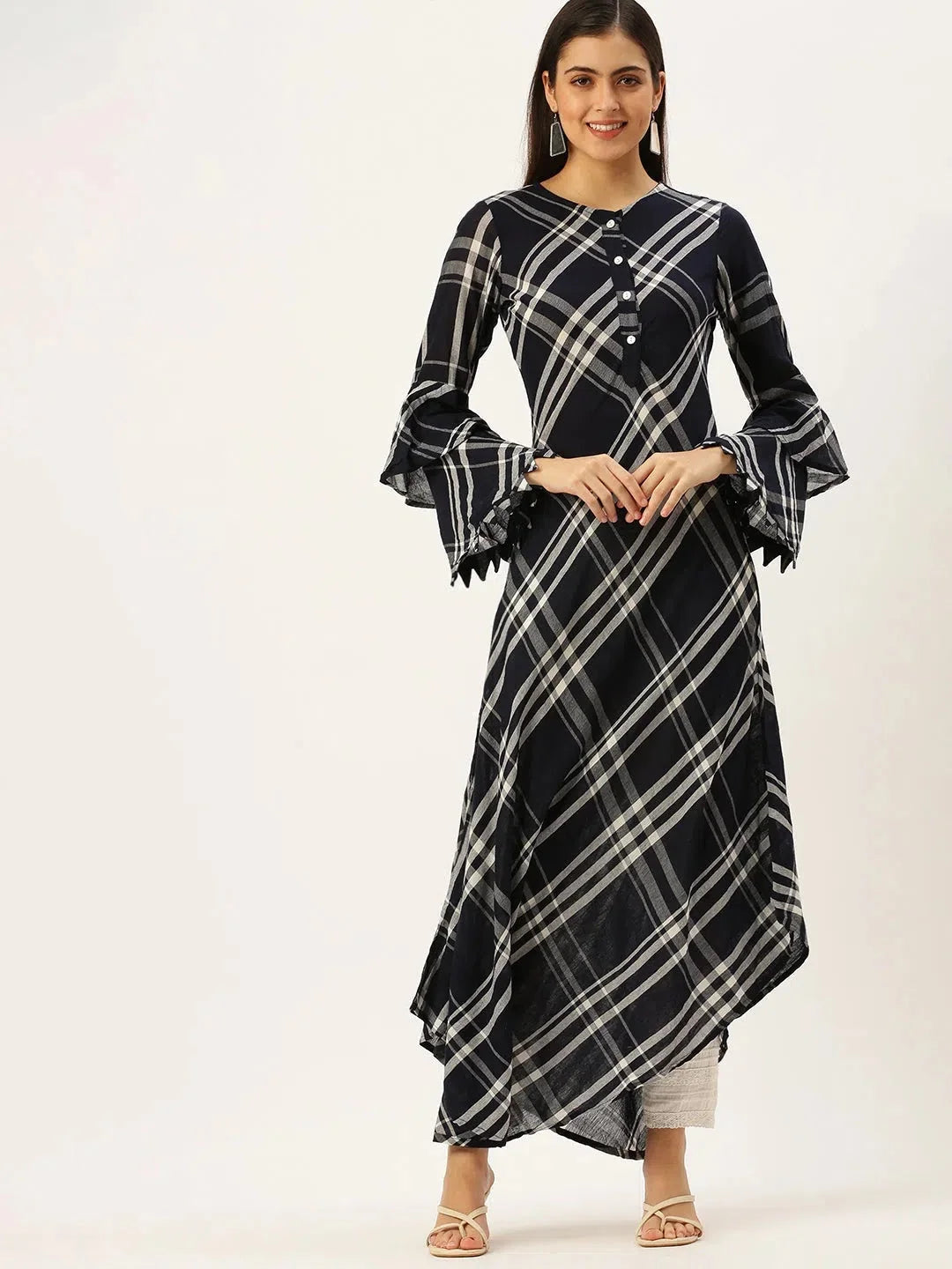 Blue Checked A-Line Indian Kurta for Ladies