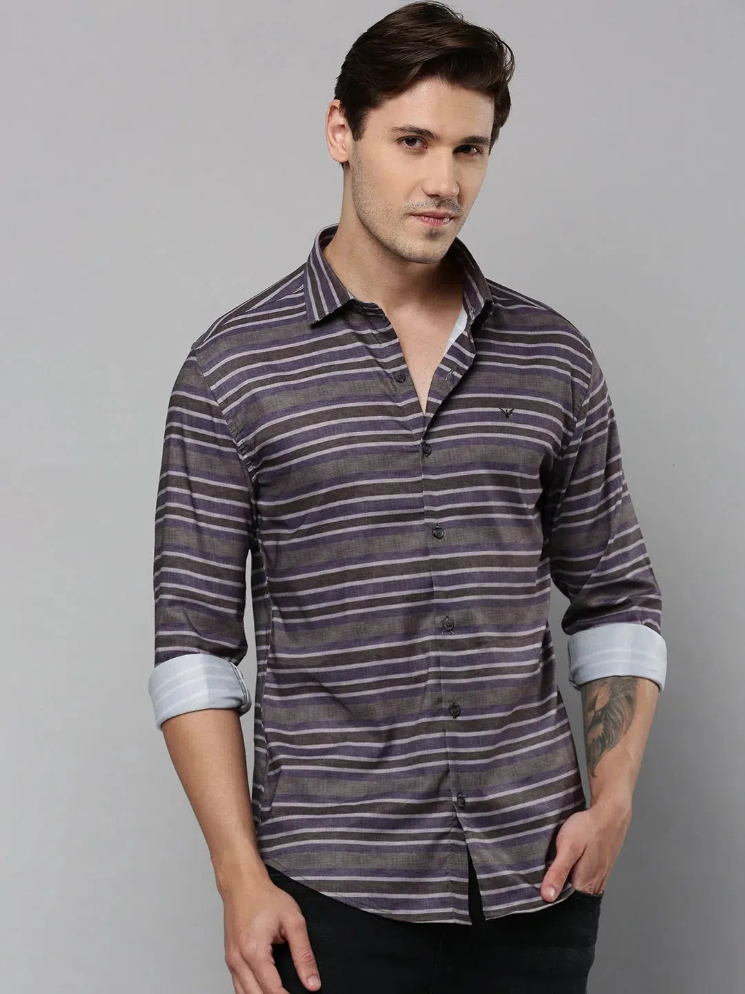 Men's Striped Shirt - Grey Cotton Casual Shirt | DesiQlo