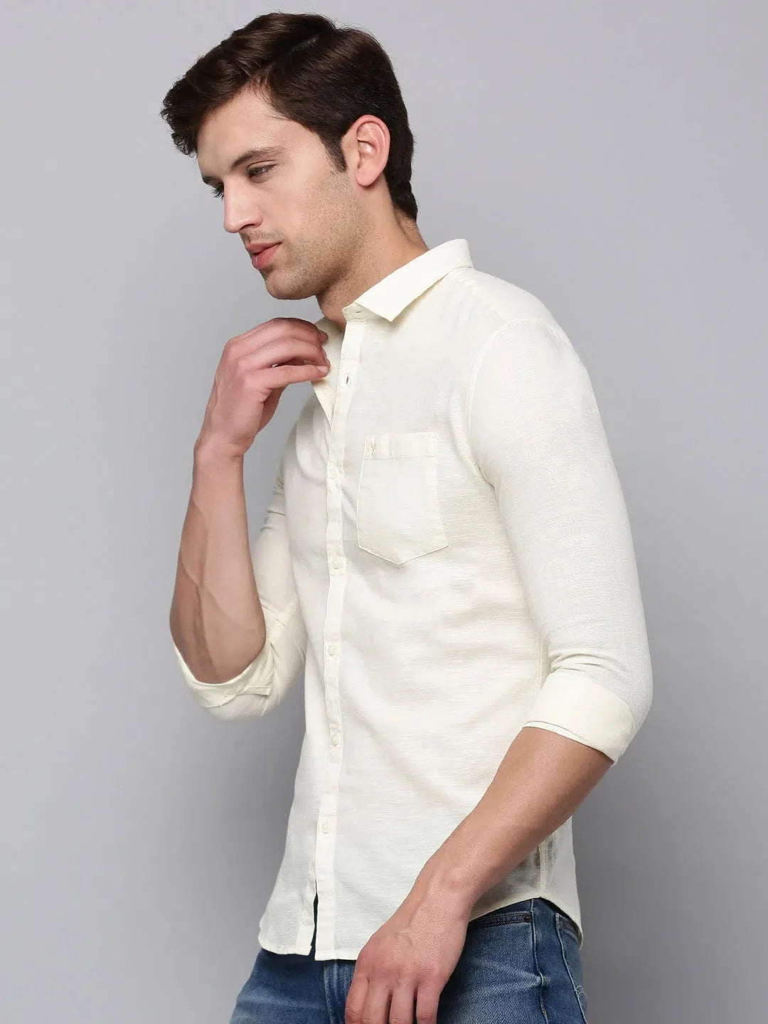 Cream Solid Mens Shirt - Casual Cotton Shirt | DesiQlo