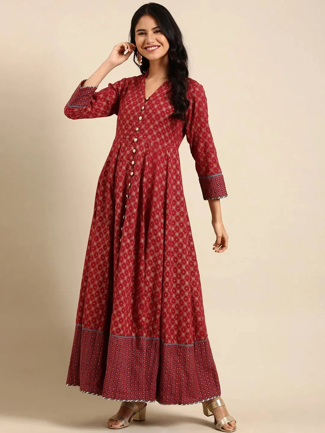 Red Printed Anarkali Kurta - Women's Linen Anarkali Suit Set