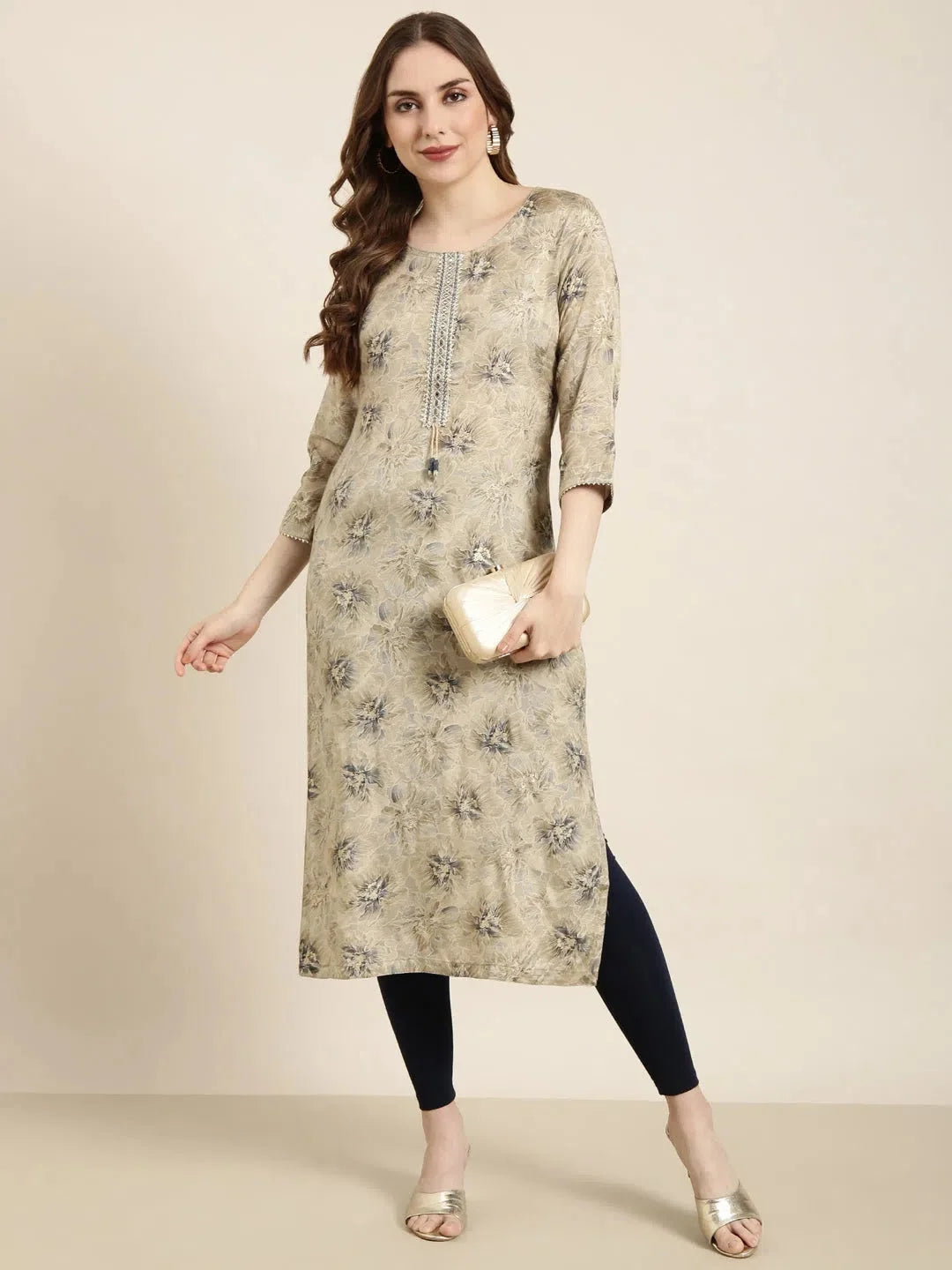 Beige Floral Viscose Kurta for Women | Indian Kurti Styles