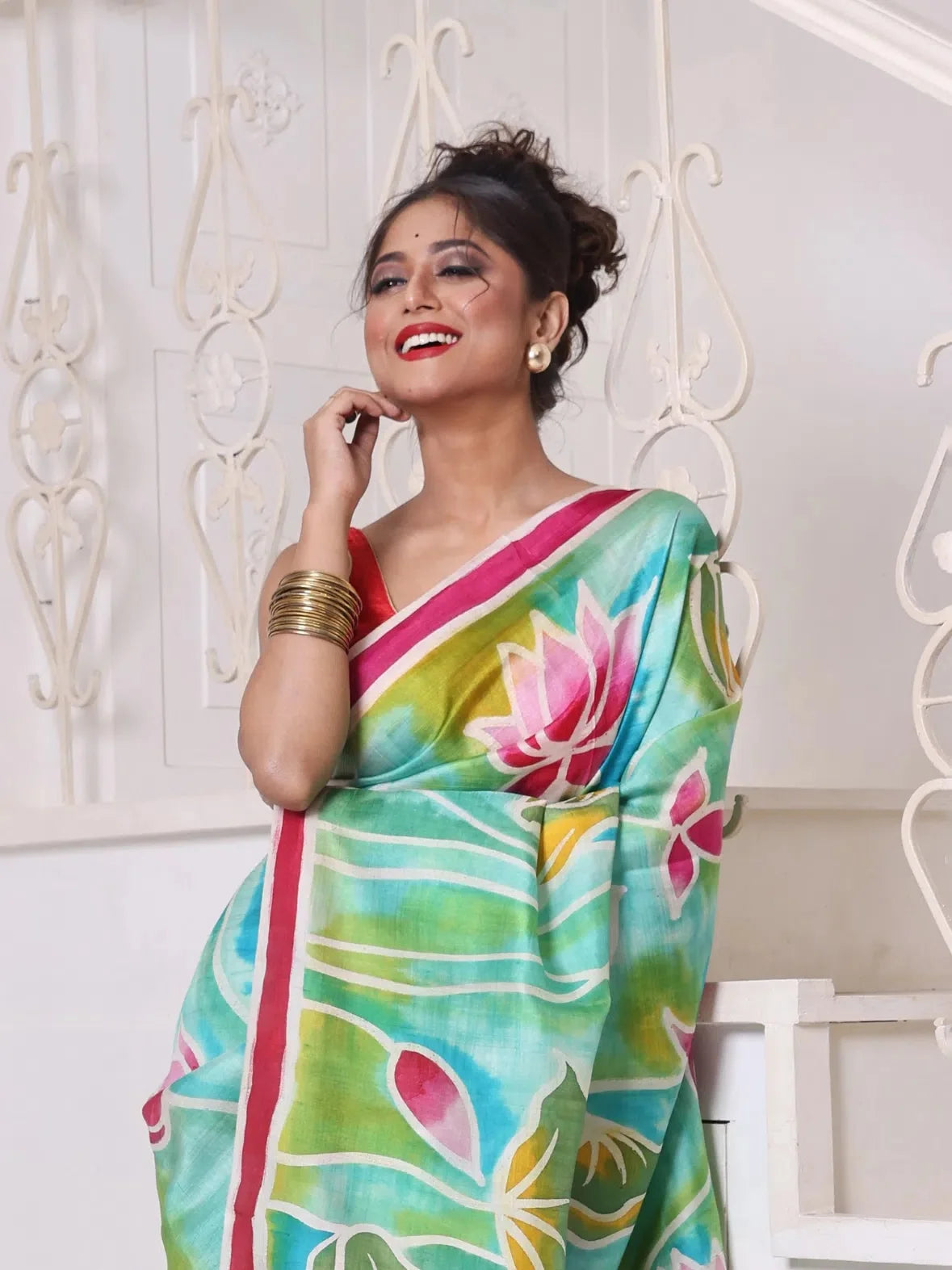 Sea Green Lotus Hand Painted Silk Saree | Indian Wedding Sarees