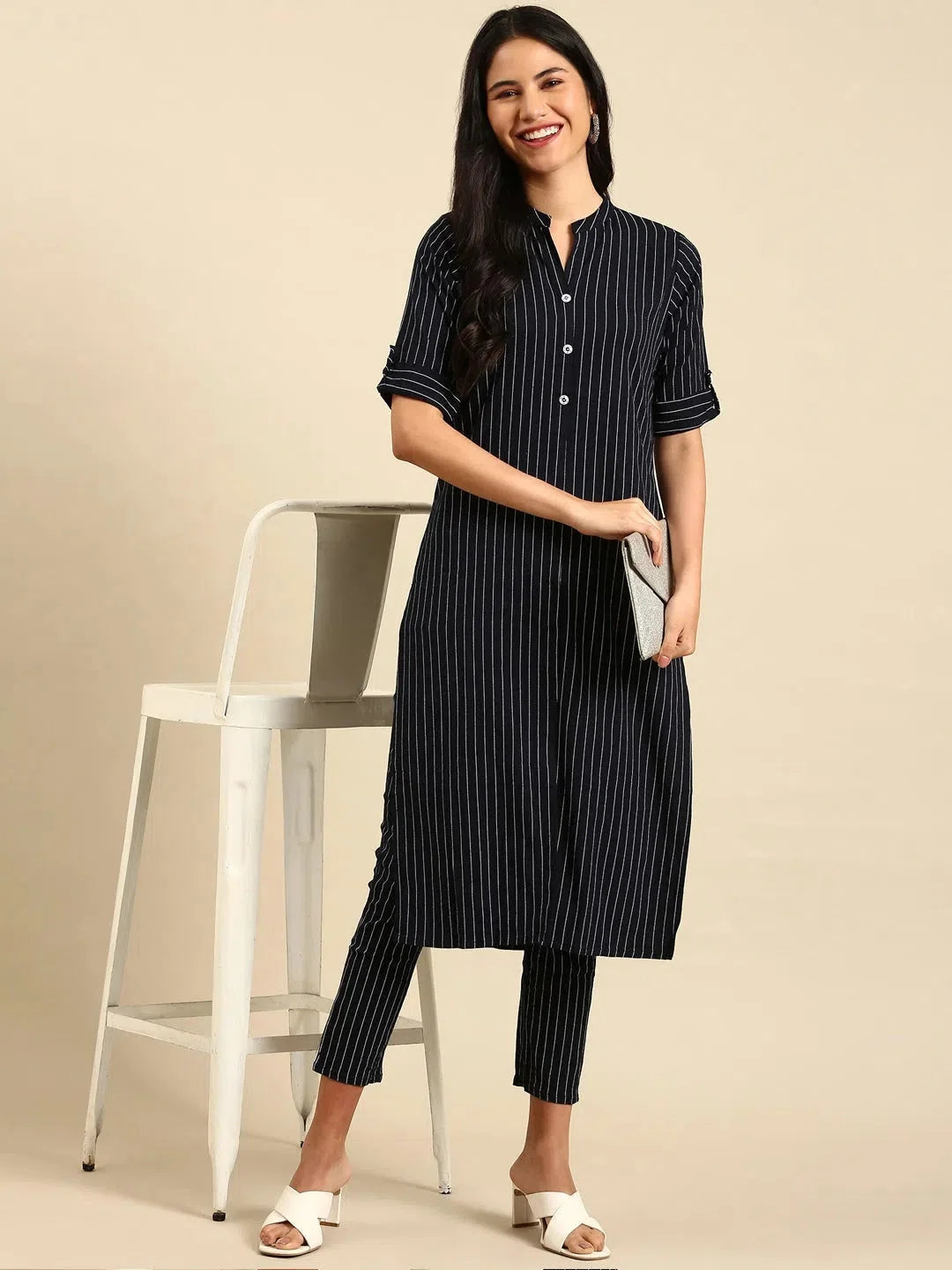 Navy Striped Viscose Kurta Set | Indian Women's Kurta Sets