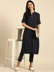 Women's Navy Blue Striped Kurta SetKC-7915-Navyblue