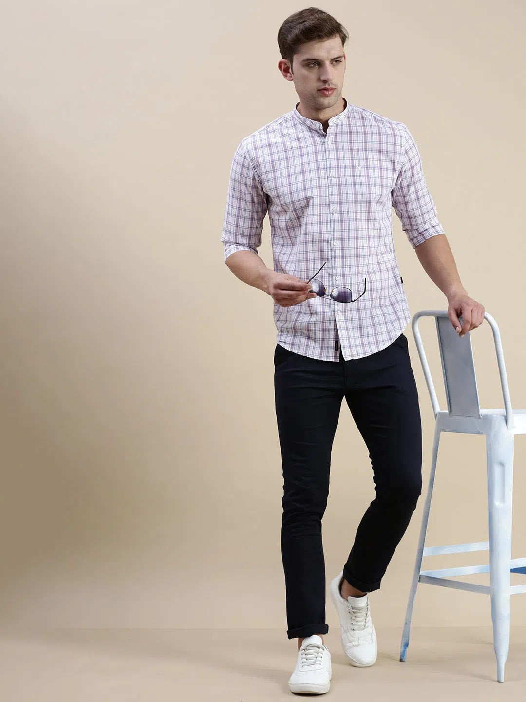 White Checked Cotton Mens Shirt | DesiQlo Formal Shirts