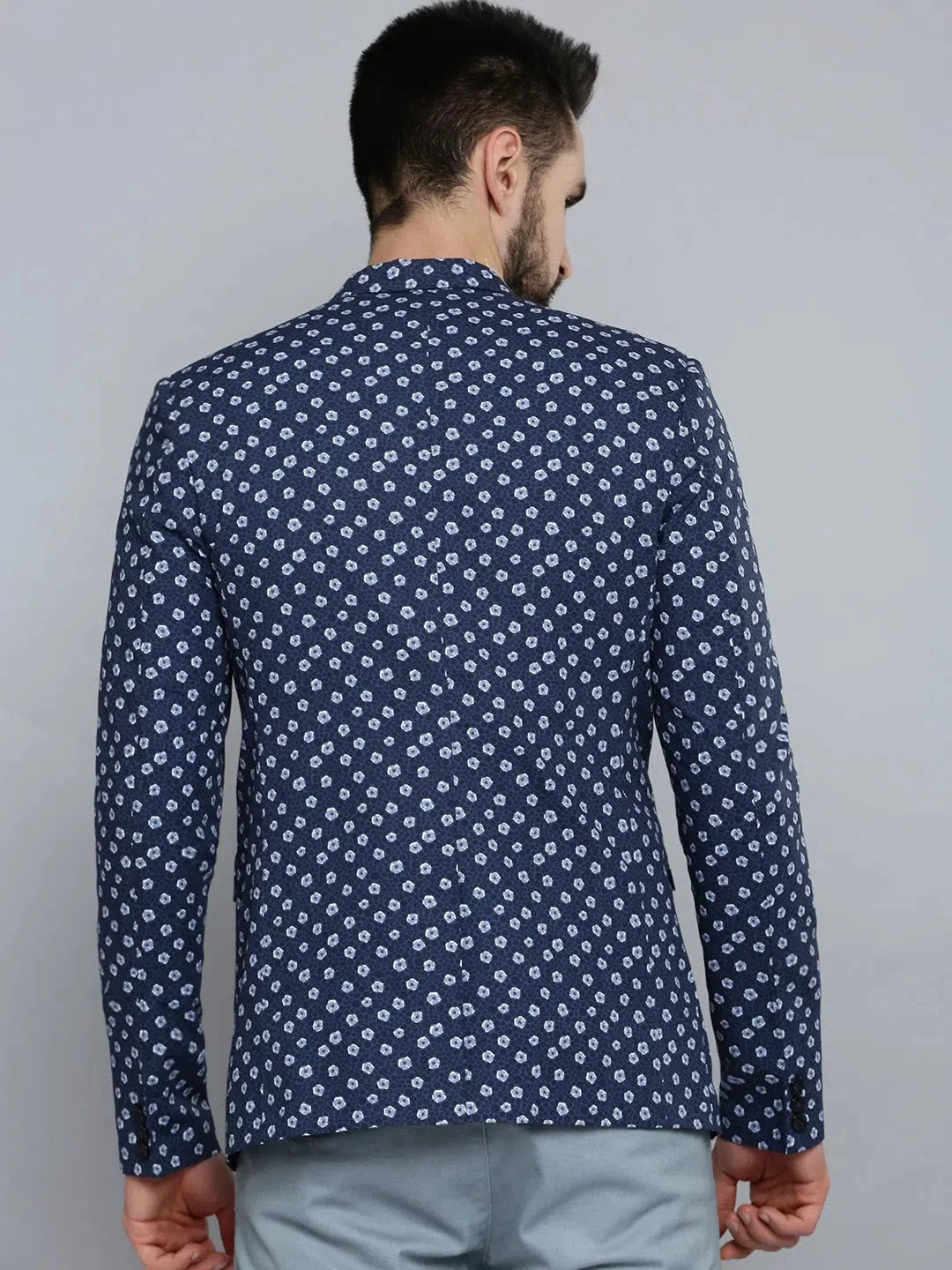 Men's Blue Printed Blazer - Modern Nehru Collar Style