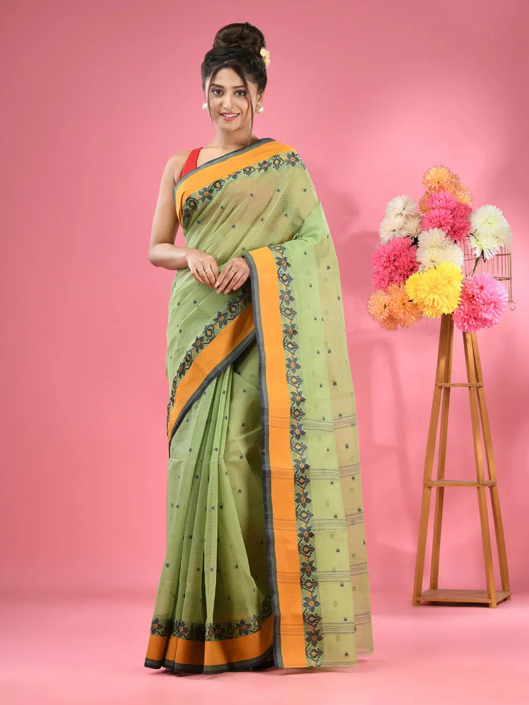 Pear Green Pure Cotton Tant Saree With Woven Designs-MA51TT43480086