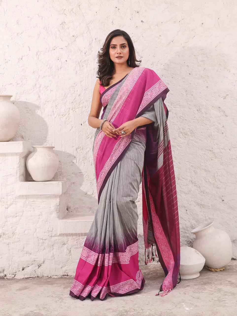 Grey Cotton Ikkat Saree | Designer Sarees India