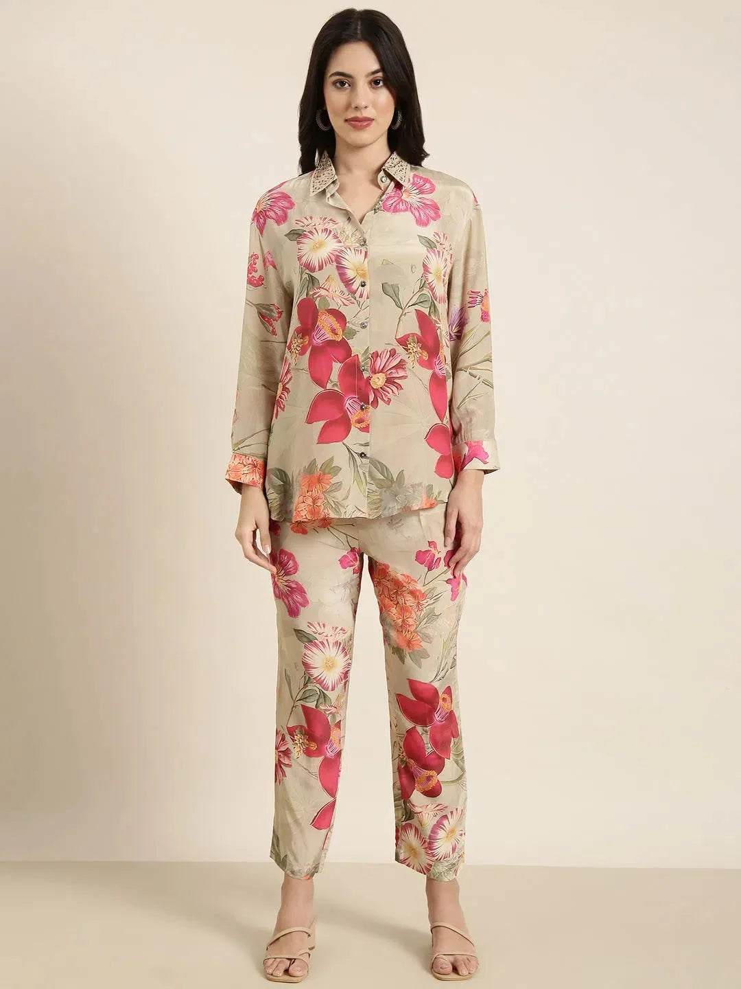 Beige Printed Shirt & Trousers Set | Women's Cotton Kurta Sets