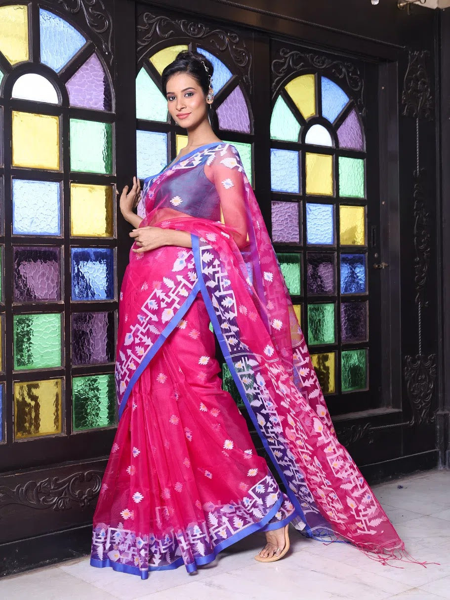 Fuchsia Linen Muslin Saree | Designer Sarees India