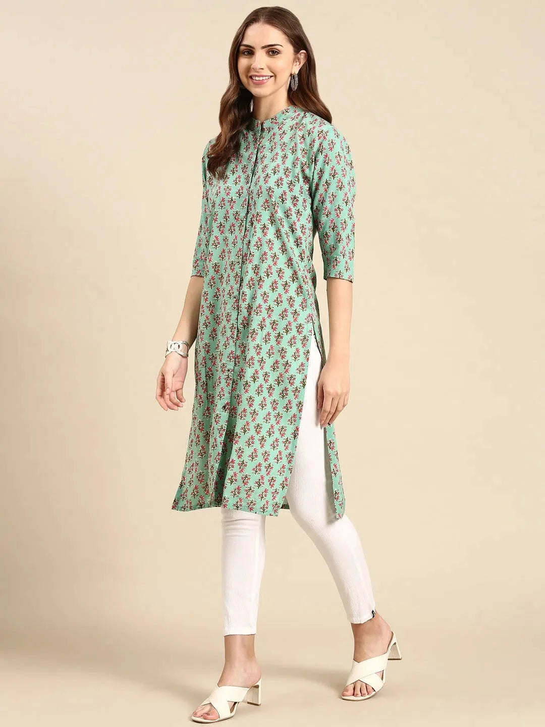 Sea Green Printed Kurta - Women's Cotton Indian Kurta Online