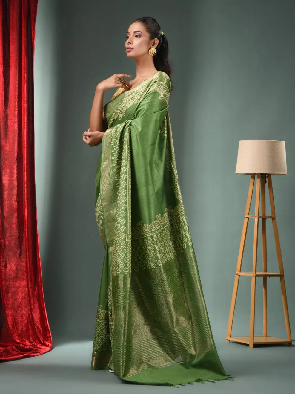 Green Handwoven Indian Sari with Zari Border