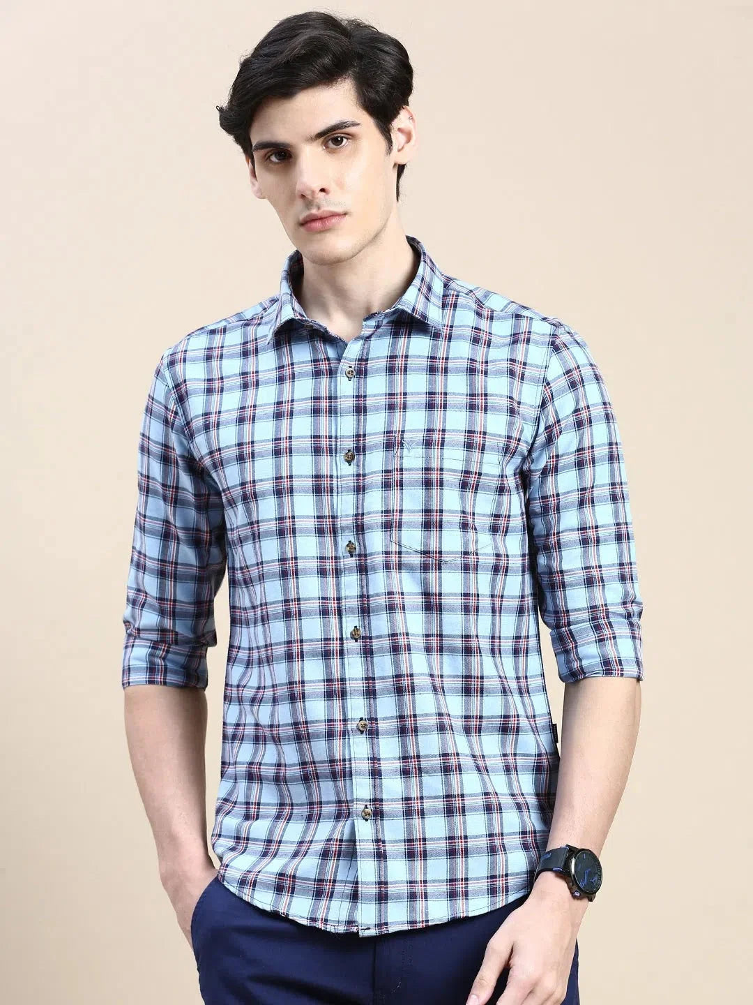 Trendy Men's Blue Checked Shirt - Cotton Casual Shirt | DesiQlo