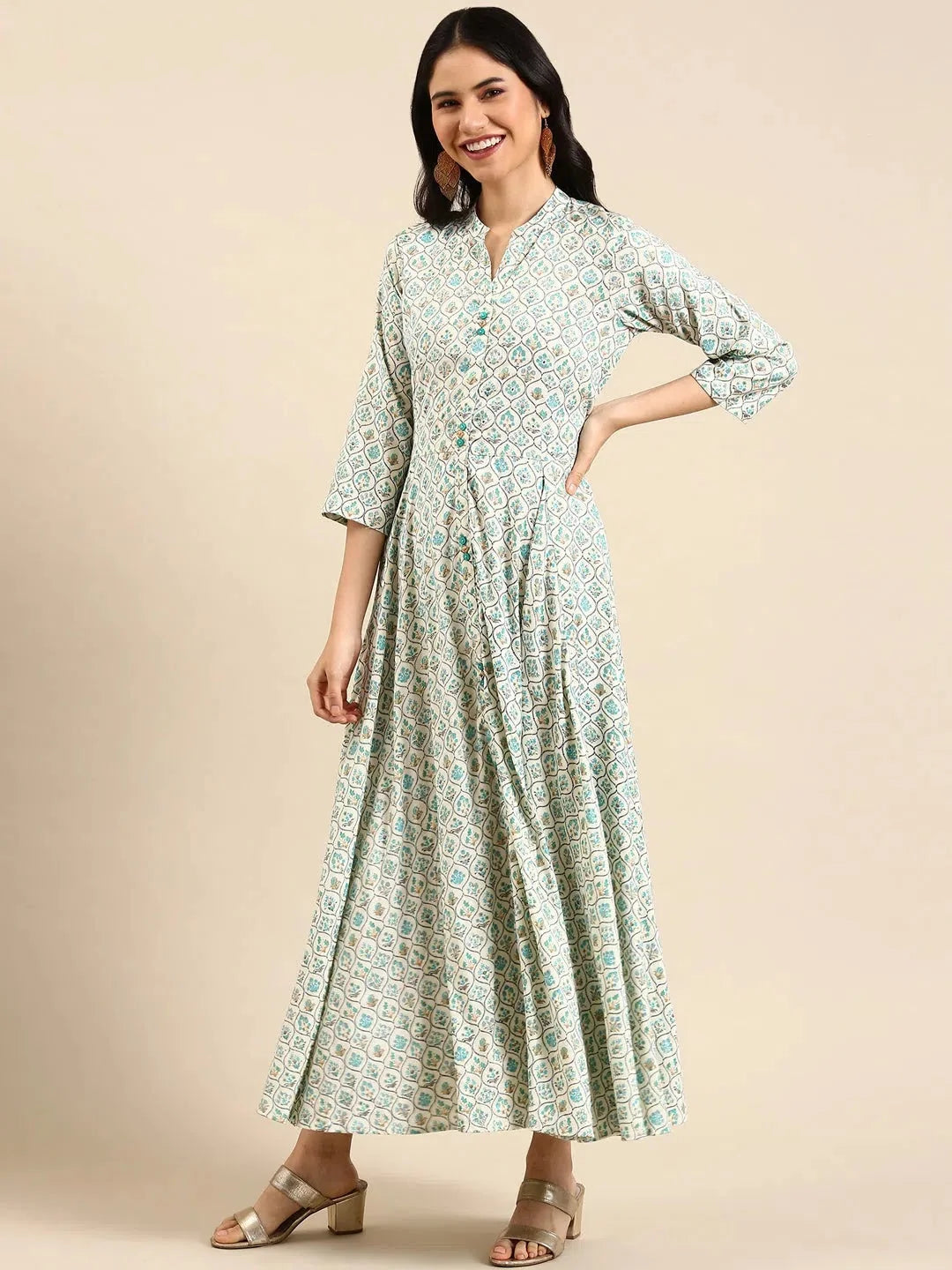 White Printed Anarkali Kurti - Women's Cotton Anarkali Dress