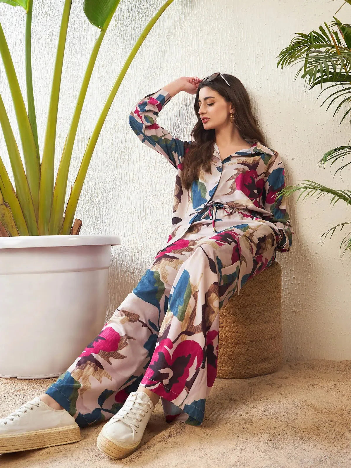 Beige Floral Indian Suits - Oversize Shirt & Pocket Pants Set
