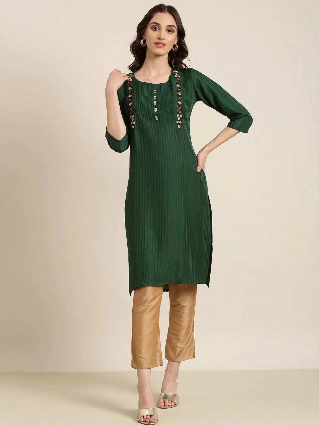 Green Striped Cotton Kurta | Modern Indian Kurtis for Women