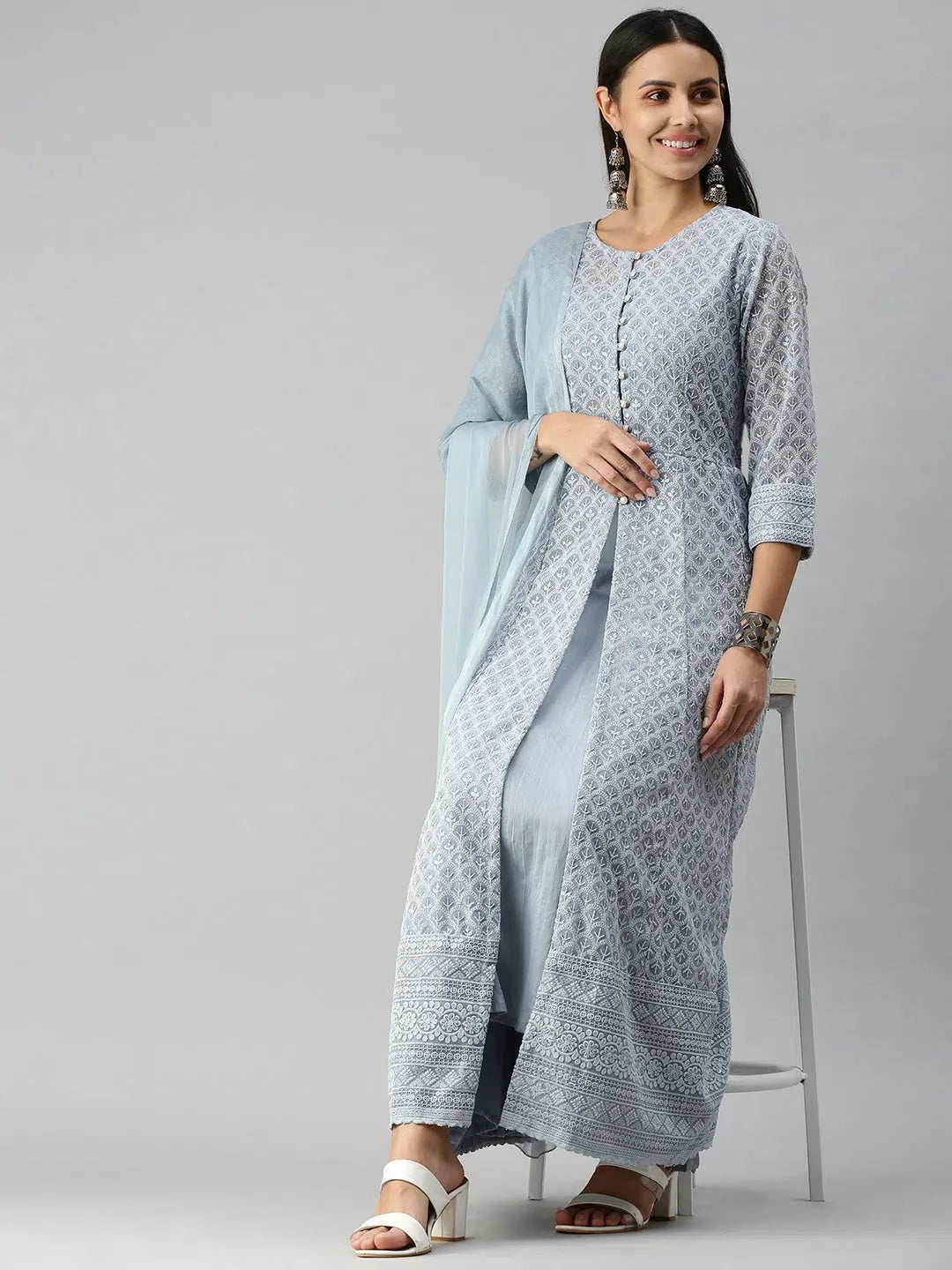 Grey Embroidered Anarkali Kurti - Women's Anarkali Suit Set