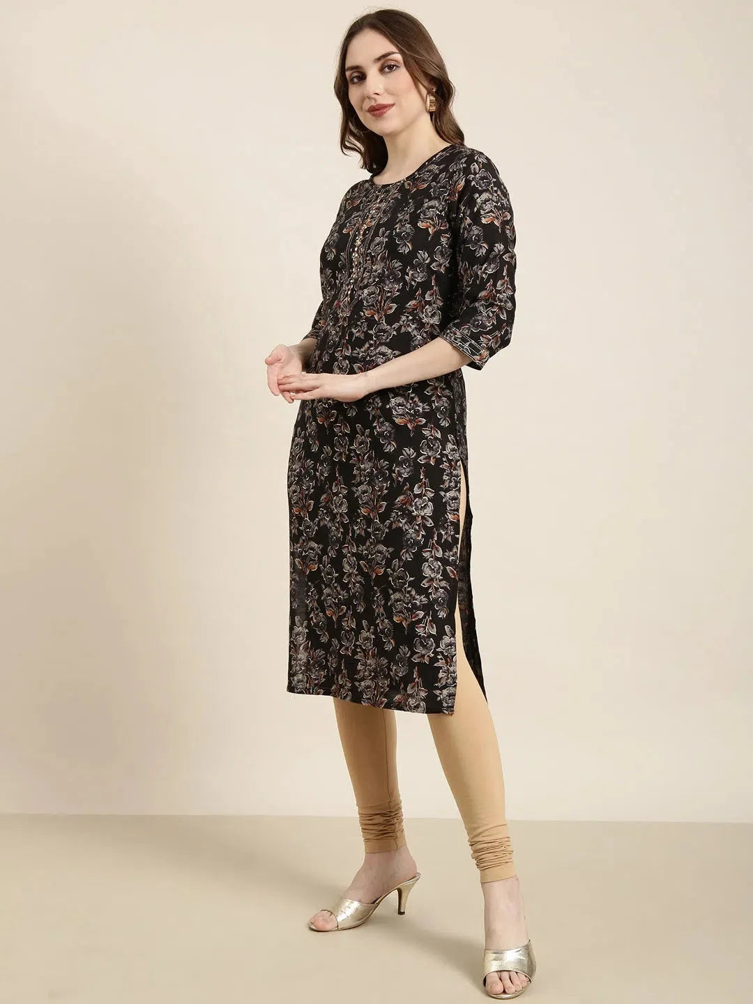 Black Floral Print Cotton Kurta | Women's Indian Kurtis Online