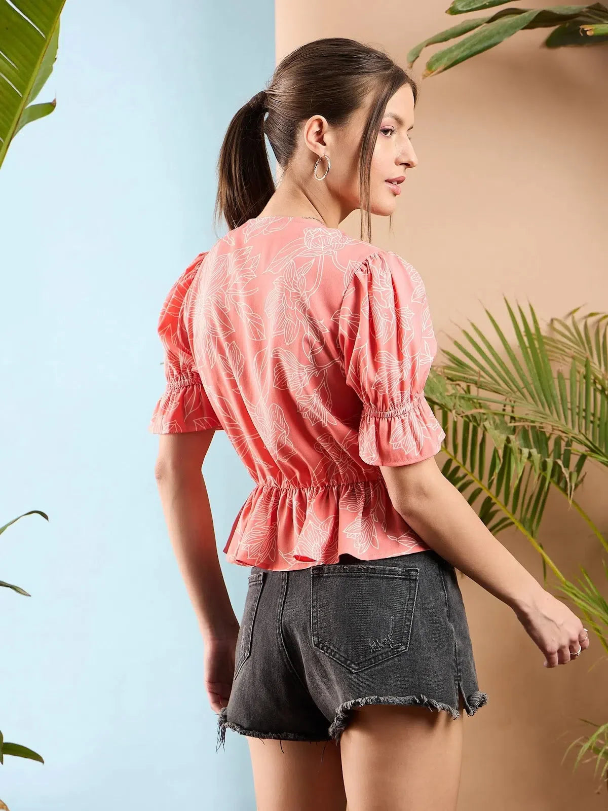 Peach Floral Ruched Top - Stylish Women's Western Wear