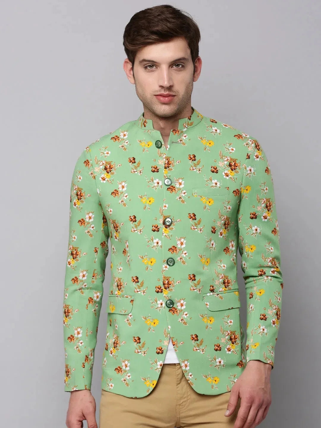 Men's Green Printed Blazer - Stylish Ethnic Nehru Jacket